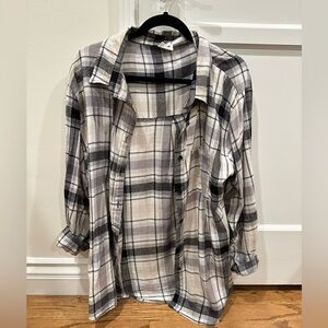 COTTON ON Flannel Plaid Button Down Shirt in Dark Navy, Beige and White, Size XS